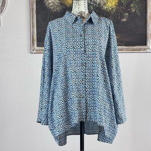 Chico's Womens Blue White Geometric Button Front Dolman Sleeve Blouse Size 3